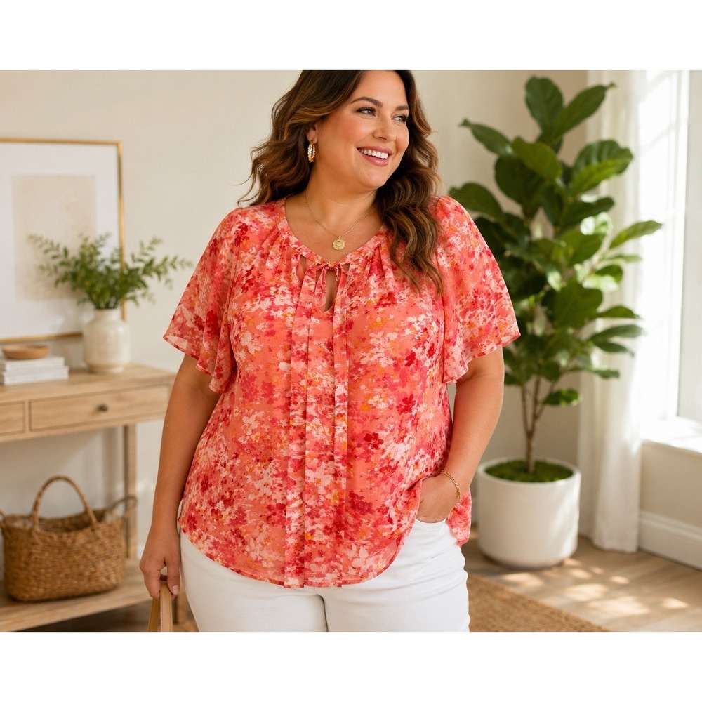 CeCe 1X Coral Pink Floral Sheer Blouse Tie Neck Flutter Sleeve Romantic - Picture 2 of 8